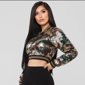 Sequin Camo Crop Bomber Fashion Nova Zip Up NWT